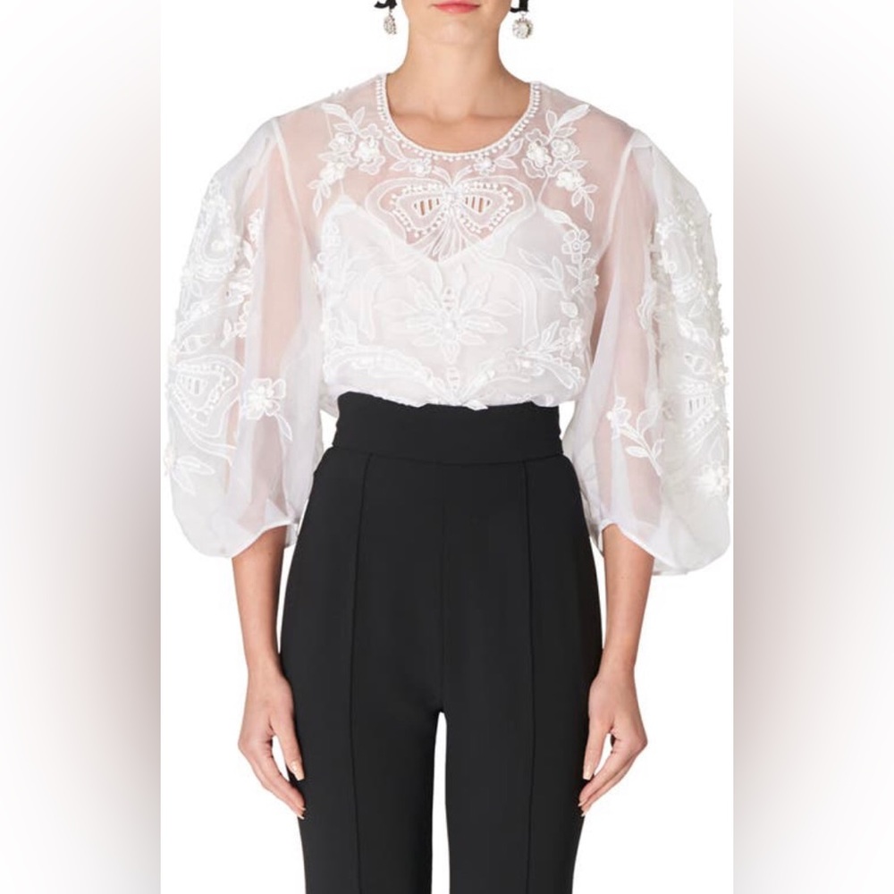 NWT $1890 Carolina Herrera Embroidered Puff Sleeve Silk Organza Blouse, White, 4
